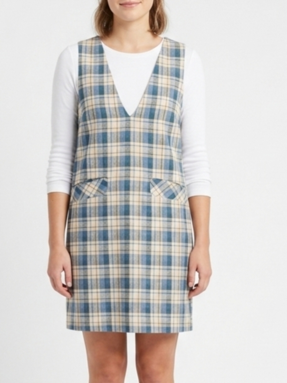 Vintage FADS Plaid Linen Cotton Mini Dress V-Neck Pockets Size 8